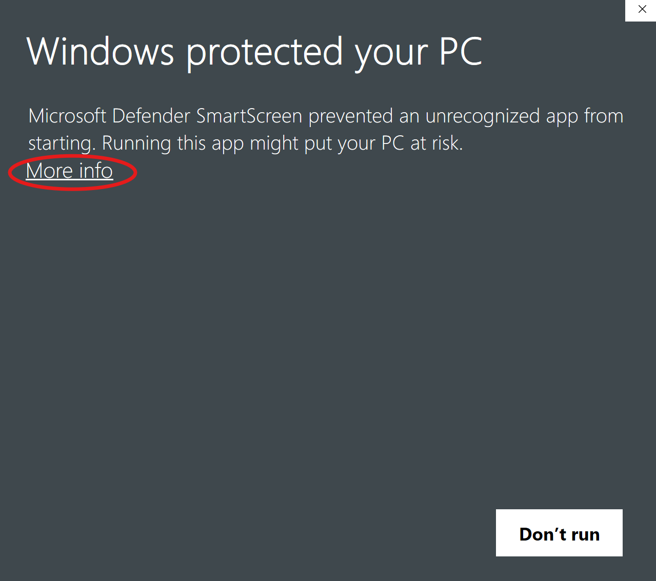SmartScreen step 1: click "More info"