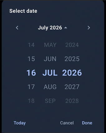 Native day/month/year wheel picker in dark mode