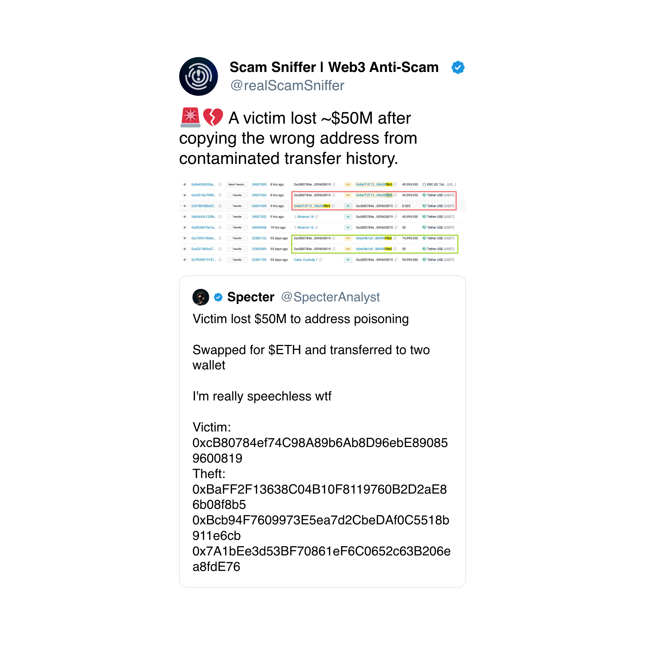 Scam Sniffer tweet about a $50M address poisoning loss