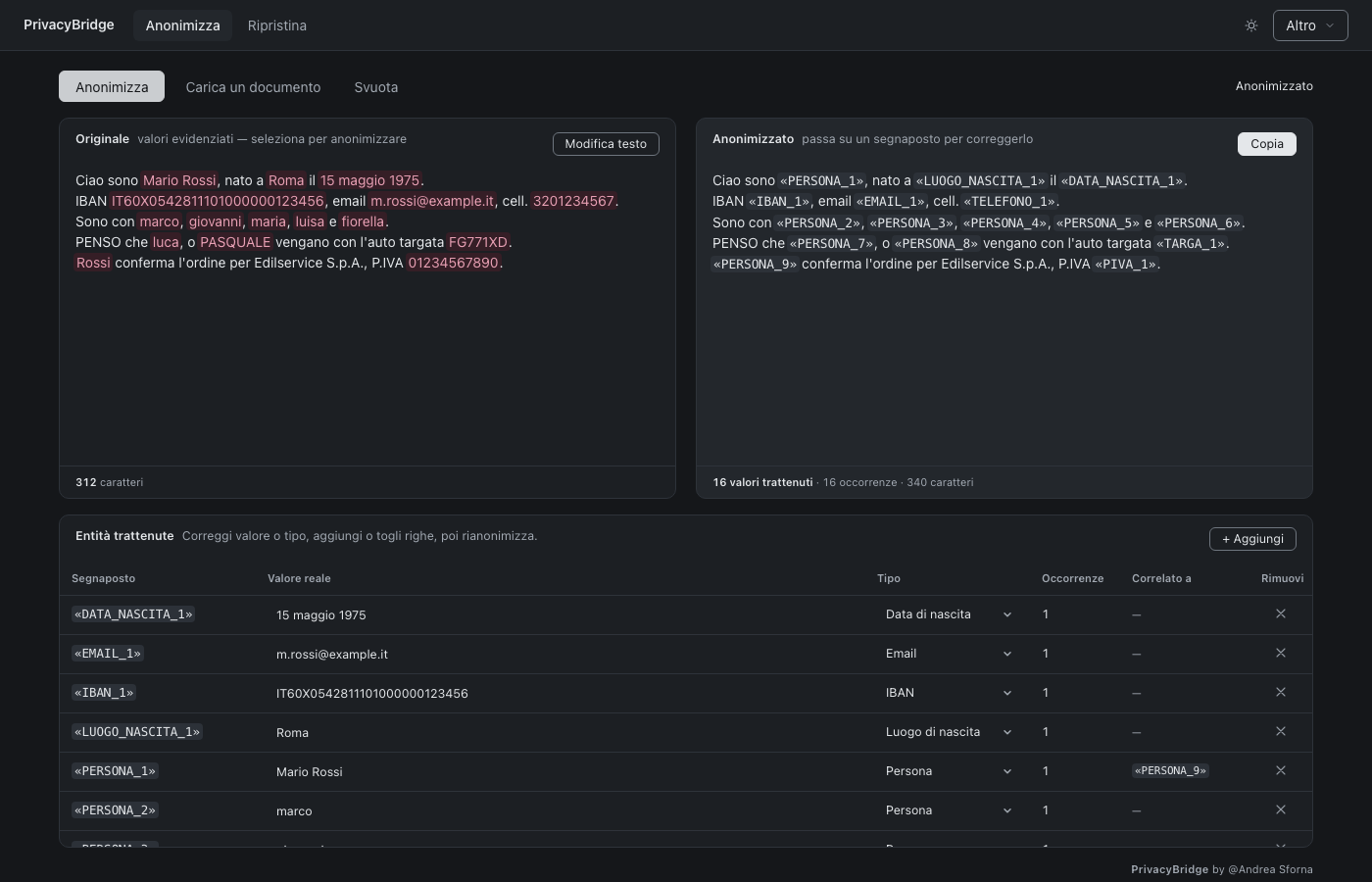 Anonimizzazione con dati di esempio - tema scuro