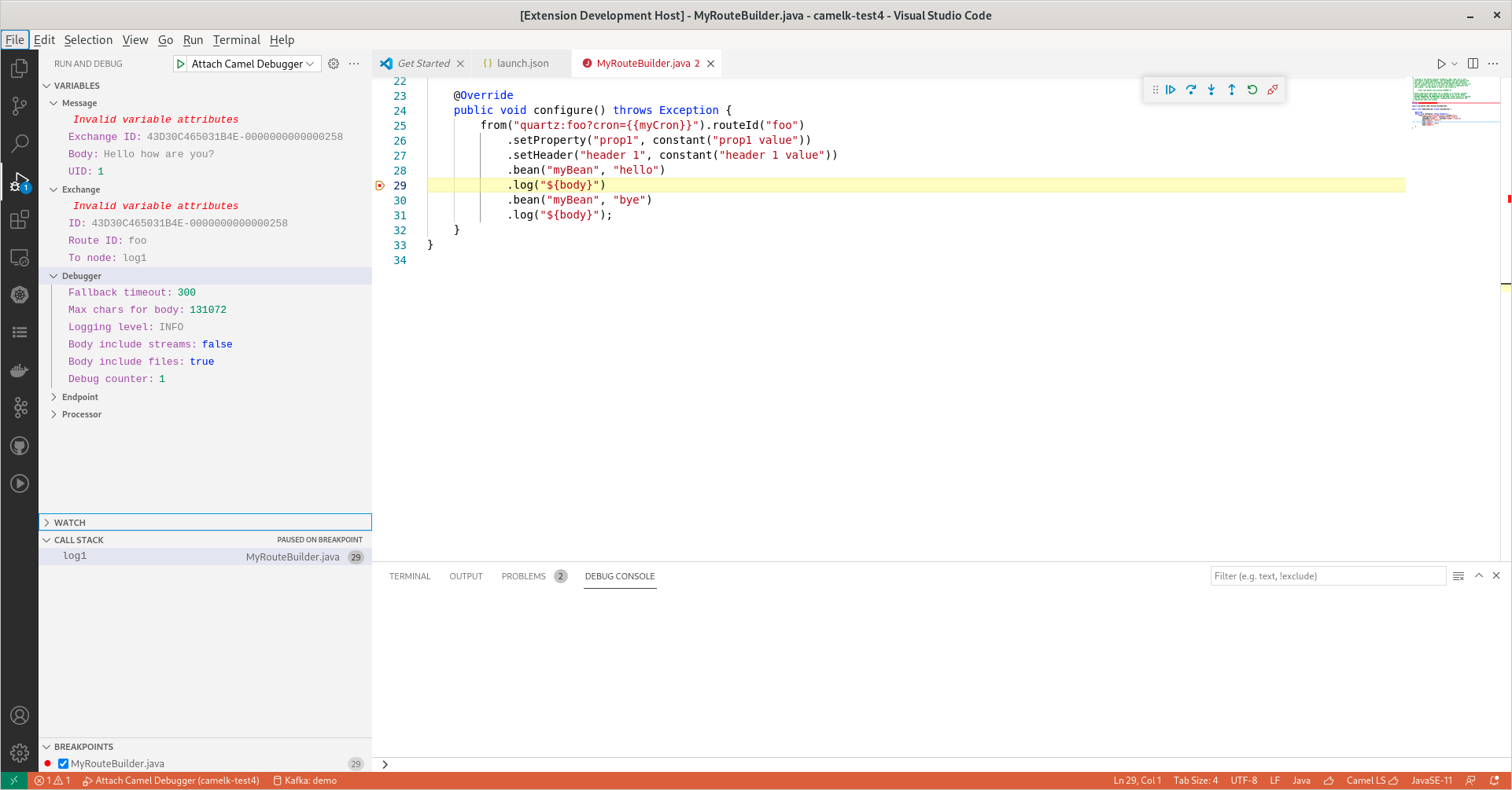 A breakpoint hit on a Camel route endpoint and the variables displayed