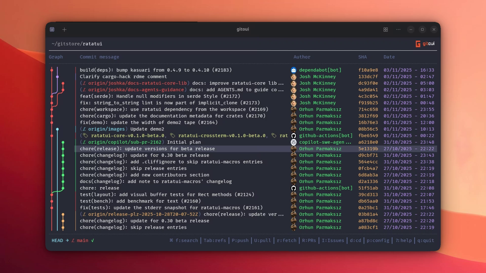 Commit graph, busy history with branches, merge, tag, stash, HEAD in orange, Uncommitted row on top