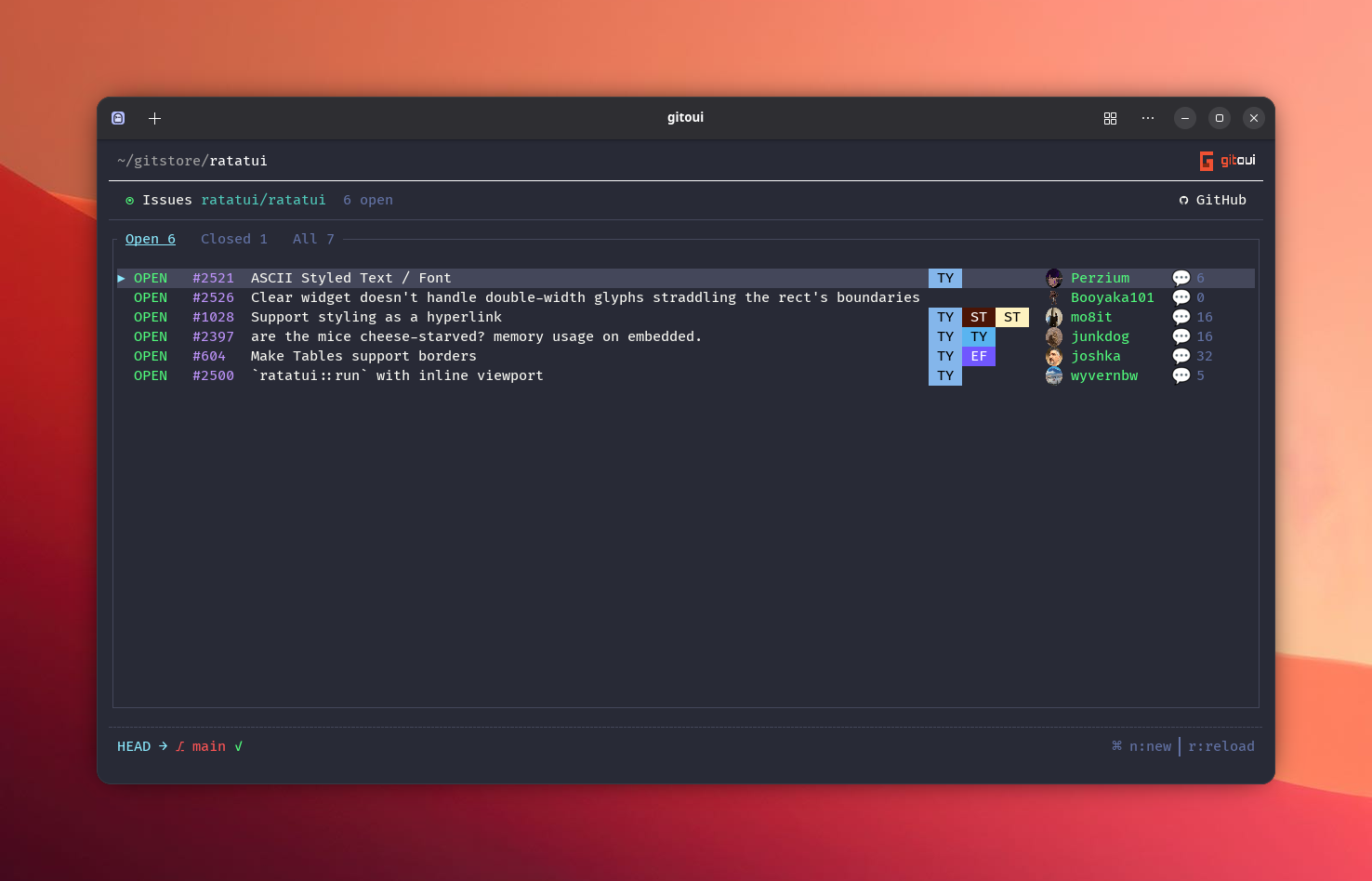 Issues list, bordered panel, #N / Title / Author + avatar / labels / Status, Open filter chip