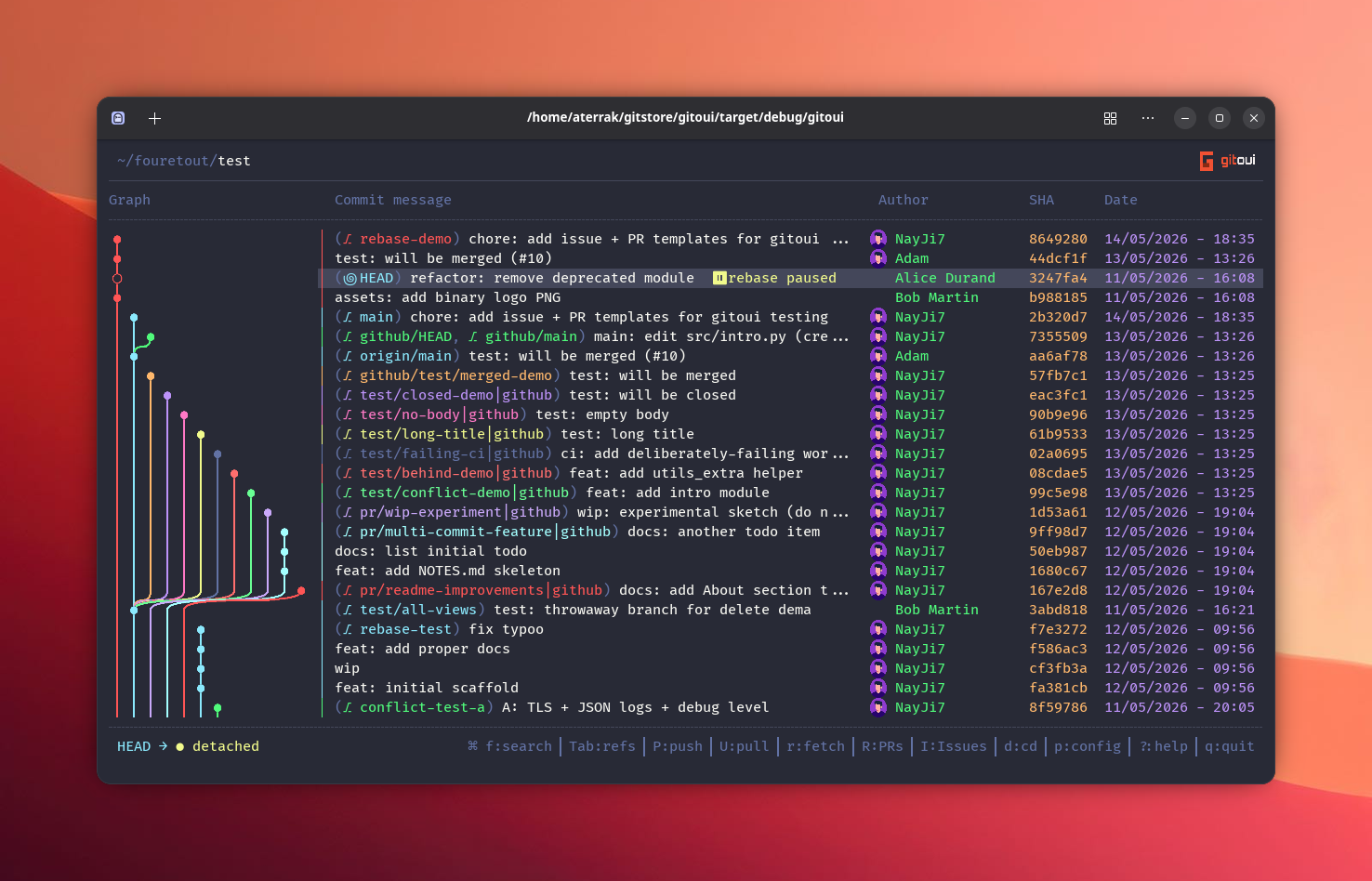 Rebase resume banner, paused state with c continue / s skip / a abort chips, paused commit highlighted