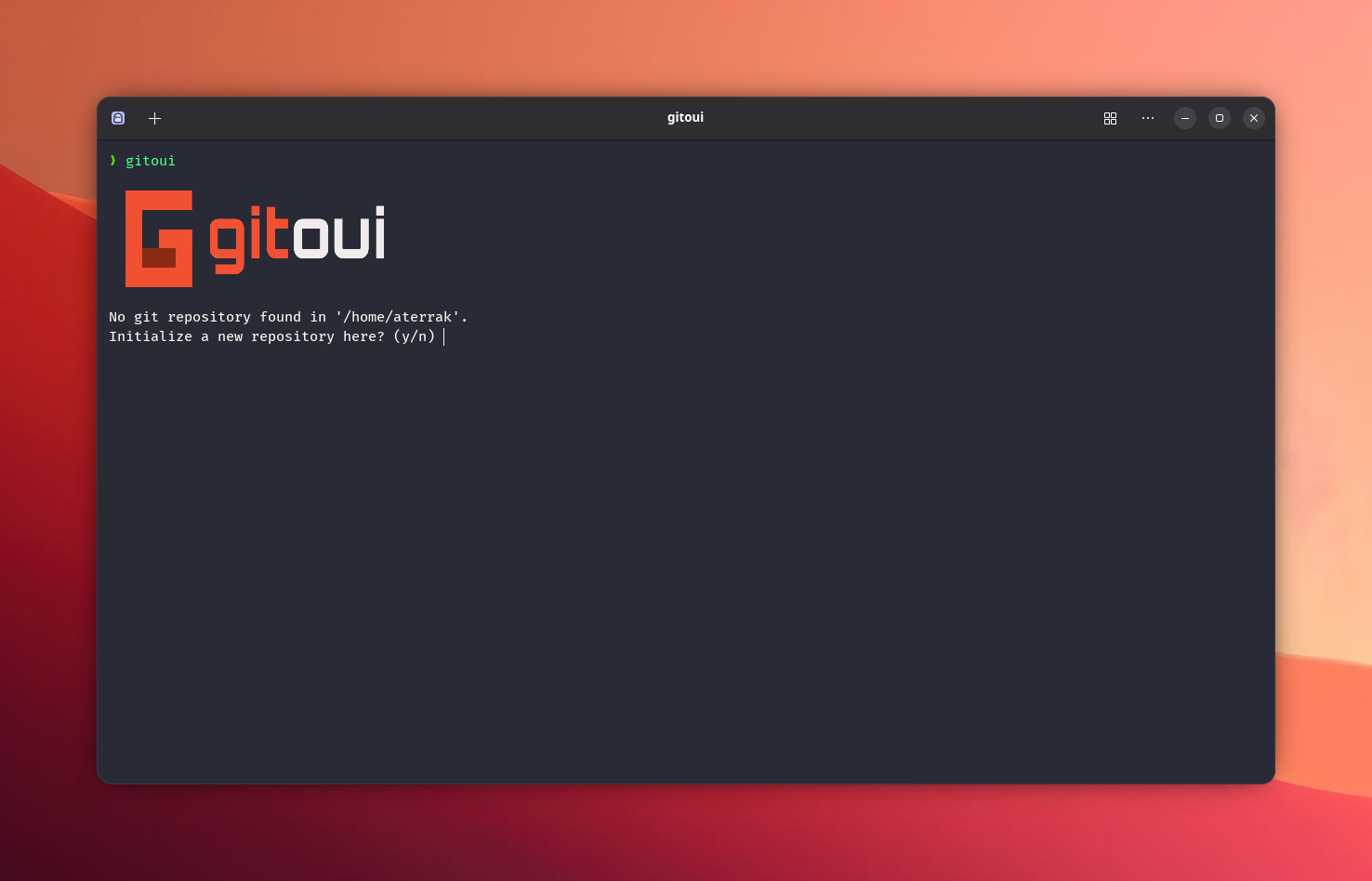 First-launch splash, G logomark, gitoui wordmark, and the commit graph