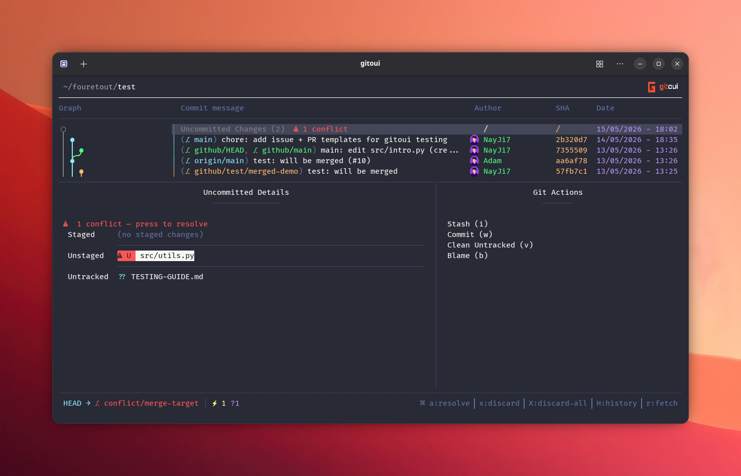 Uncommitted view, Unstaged / Staged / Untracked panels with a ⚠ conflict badge