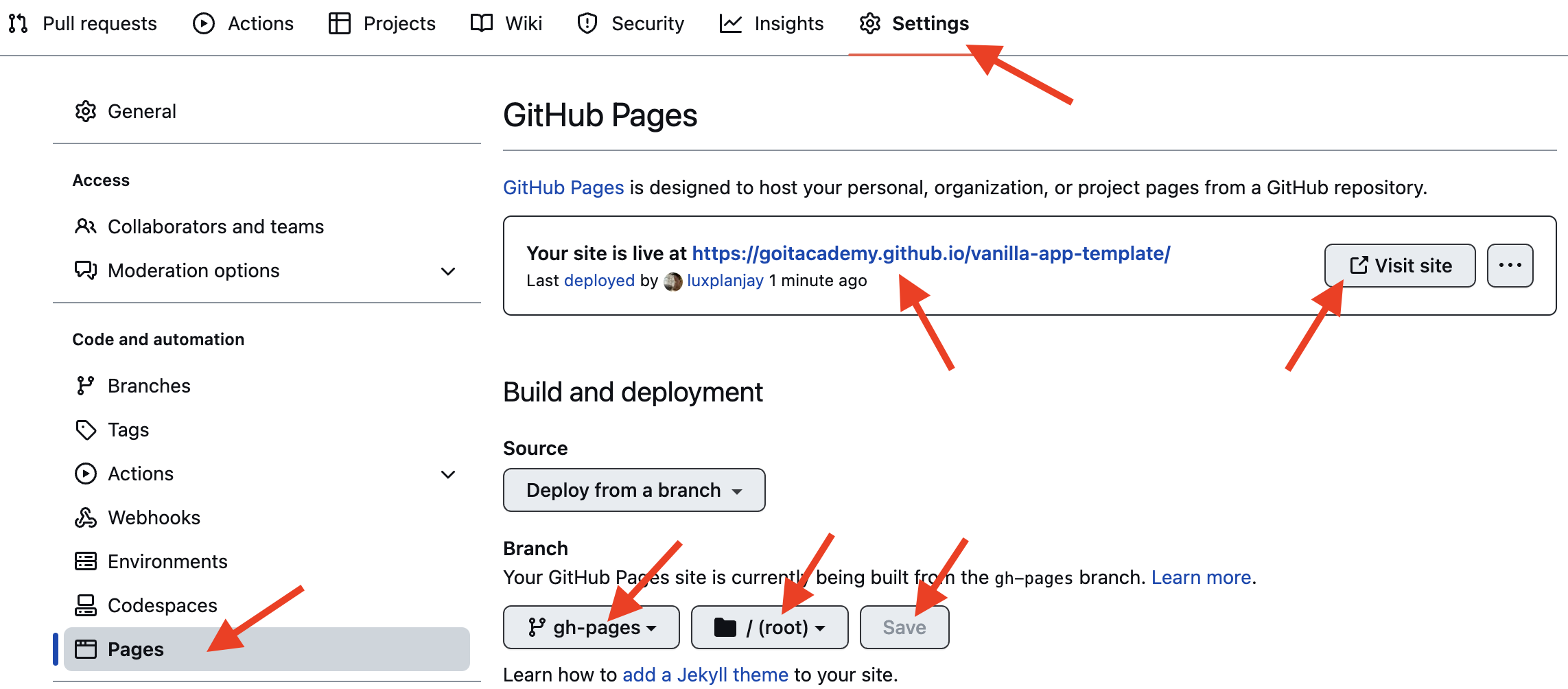 GitHub Pages settings