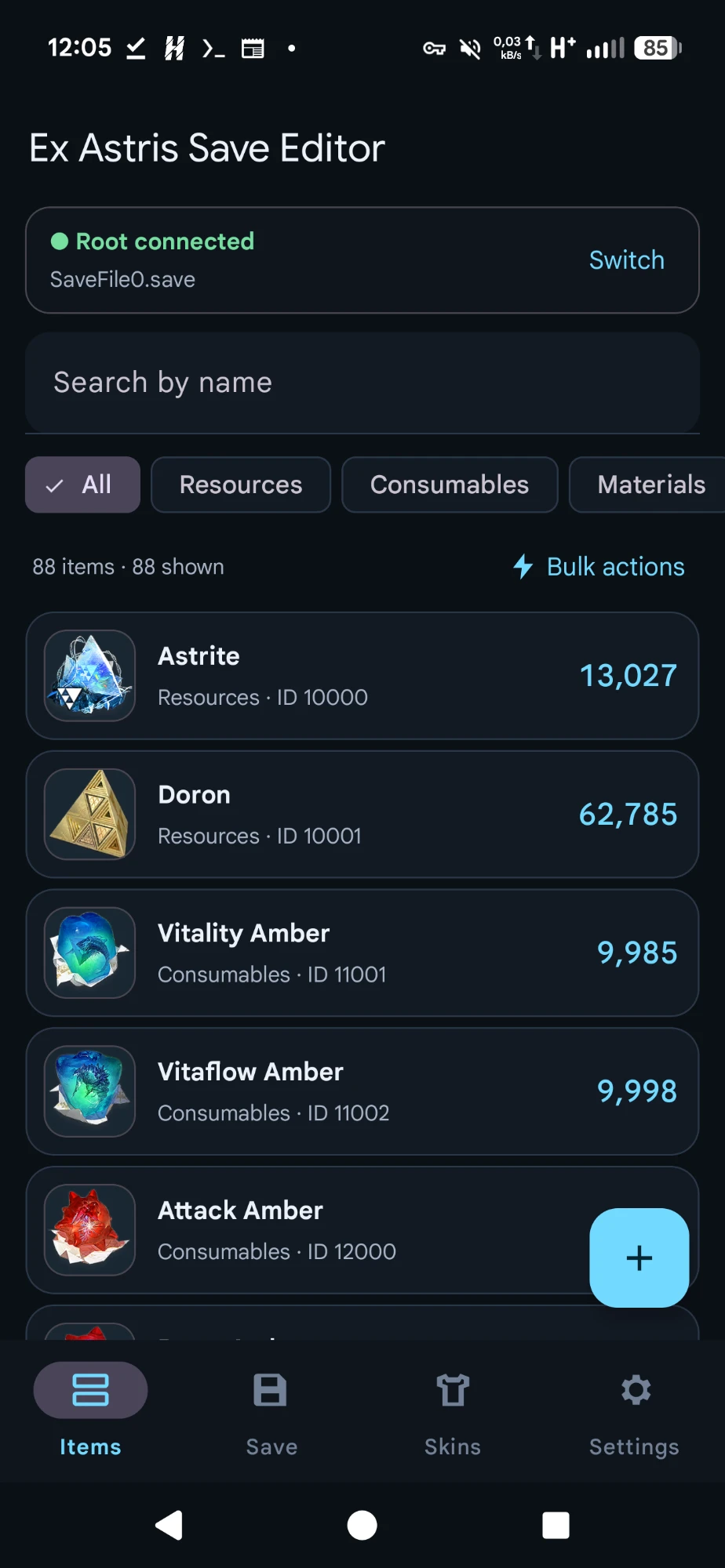 Items tab