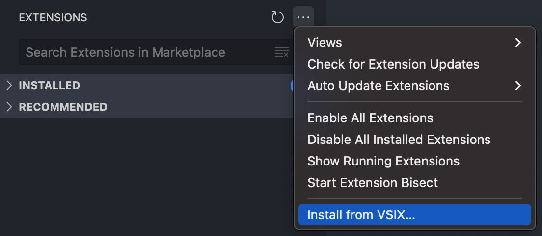Screenshot of the Install from VSIX... menu item