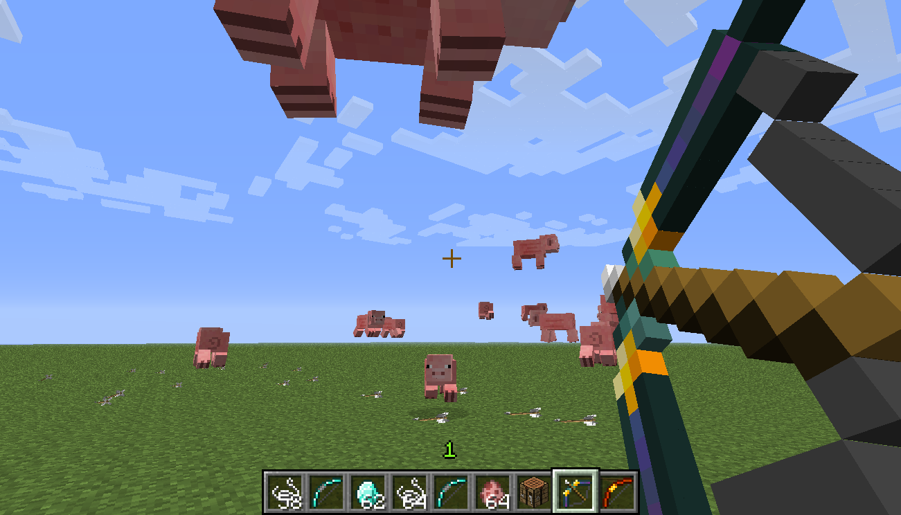 A screenshot of a player shooting pigs with the Ender bow
