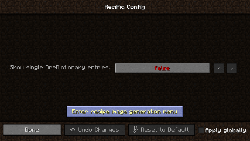 The ReciPic configuration menu, with the "Enter recipe generation menu" button highlighted