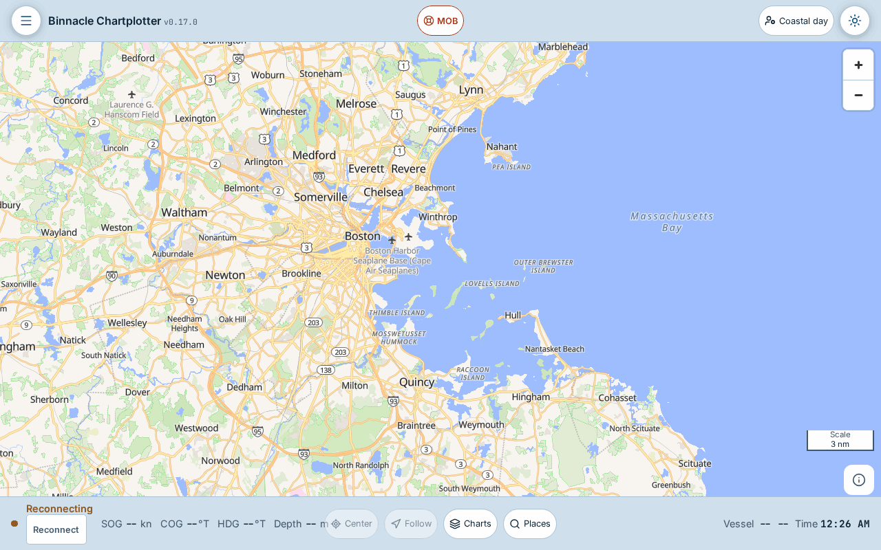 The Binnacle chart in the day theme, centered on Boston Harbor, with the MOB button and theme control in the top bar and the live status strip along the bottom
