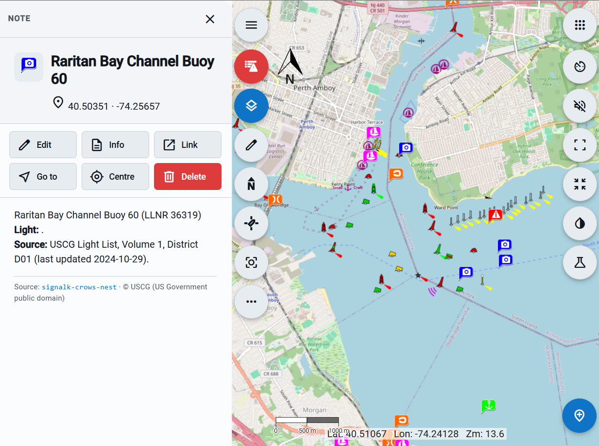 A USCG Light List buoy note open in Freeboard-SK, showing the light characteristic and the source citation