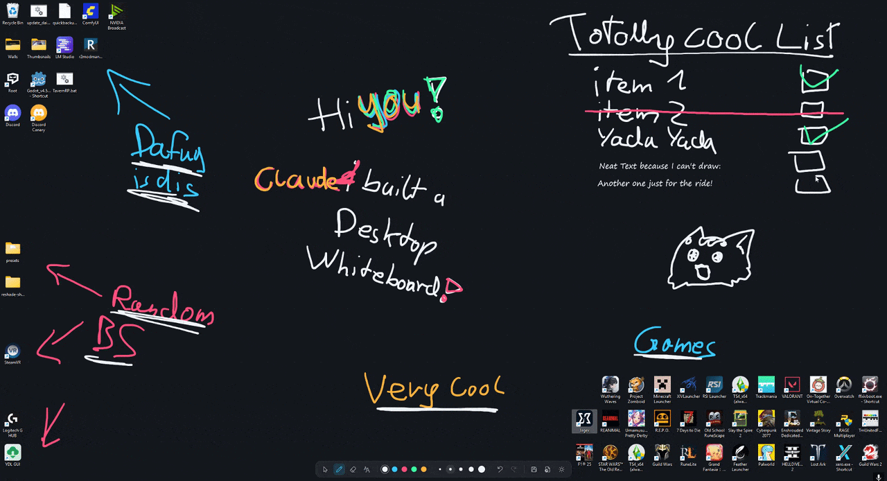 Pawboard on a desktop: handwritten notes, a to-do list and doodles behind the desktop icons