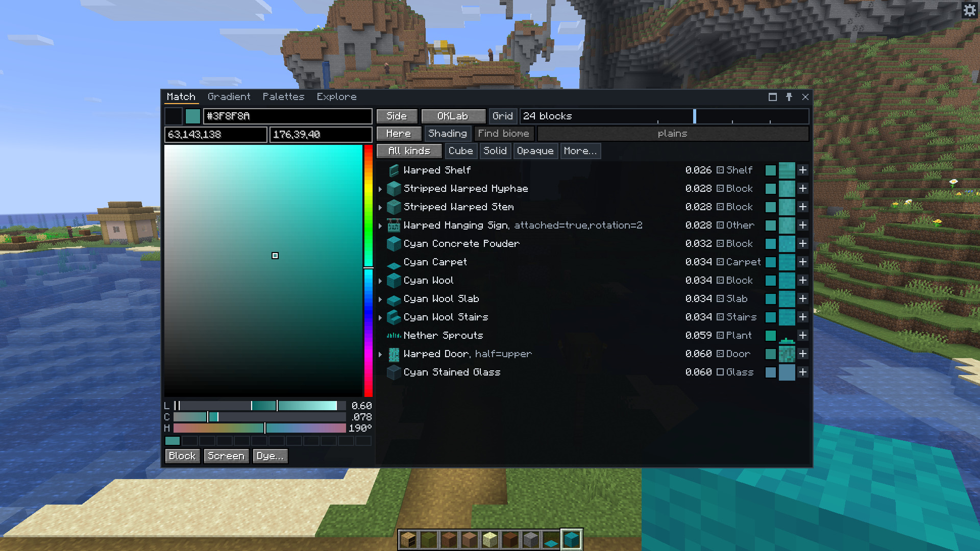 The Chroma Studio window over a village. On the left a colour picker set to teal. On the right a list of the twelve closest blocks, from warped shelf to cyan stained glass, each with its distance, kind and texture.