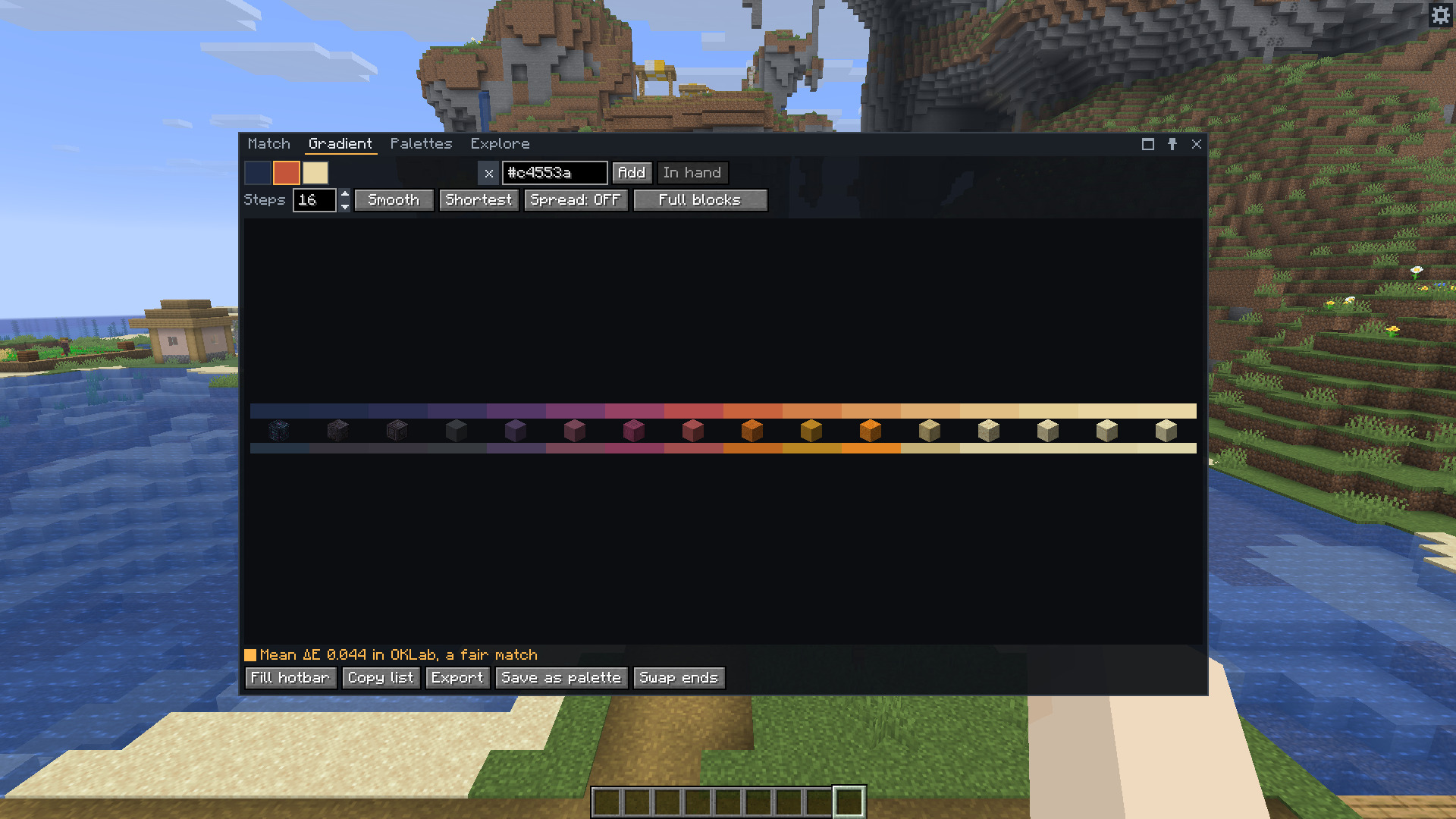 The Gradient tab with a sixteen-step run from dark blue through red and orange to pale sandstone. A strip shows the colour wanted at each step, with the chosen block below it.