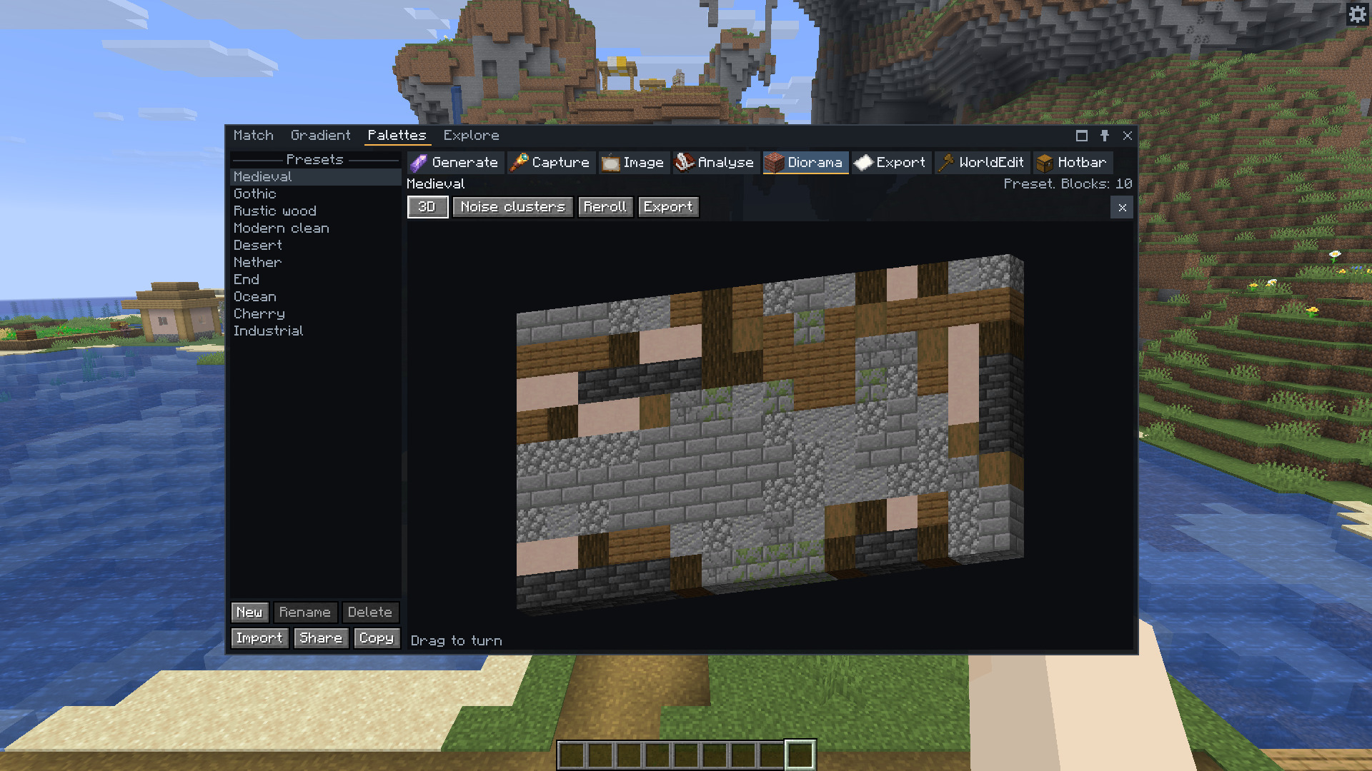 The Palettes tab showing the Medieval preset as a wall of stone bricks, cobblestone, spruce planks, dark oak logs and terracotta, drawn in 3D.