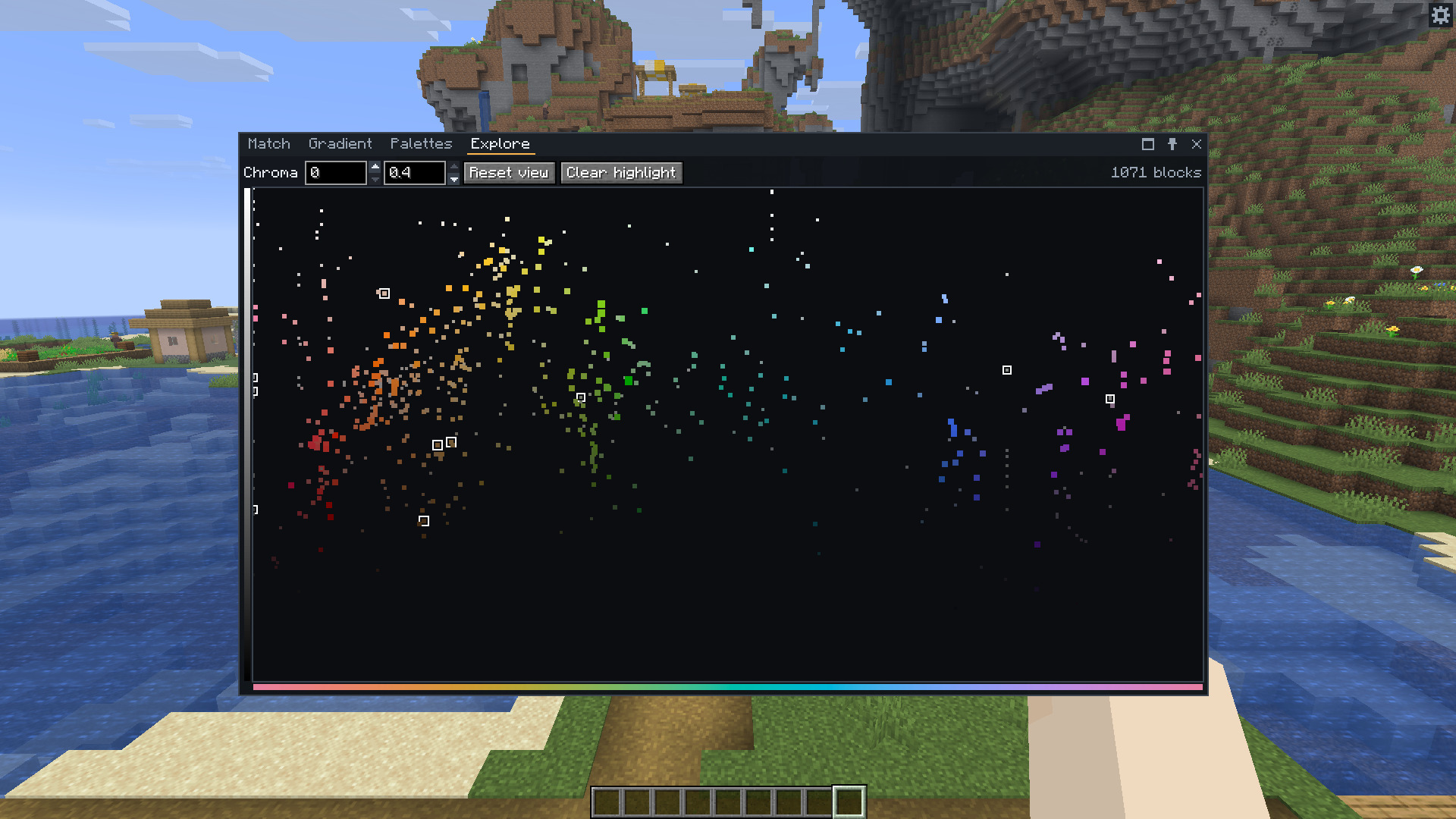 The Explore tab: about a thousand coloured dots spread by hue from red on the left to pink on the right, with ten dots outlined.
