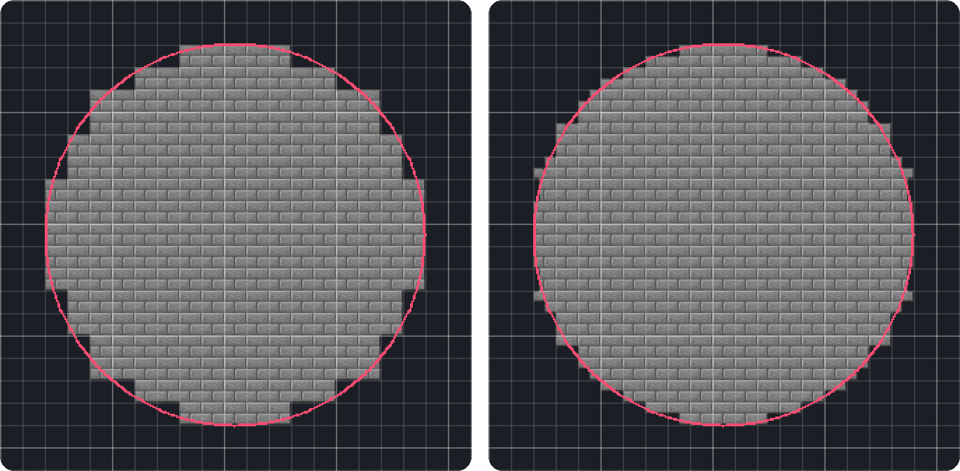Two stone brick circles with the true circle drawn over them. The one made of full blocks has stepped edges. The one with slabs, stairs and walls follows the circle more closely.