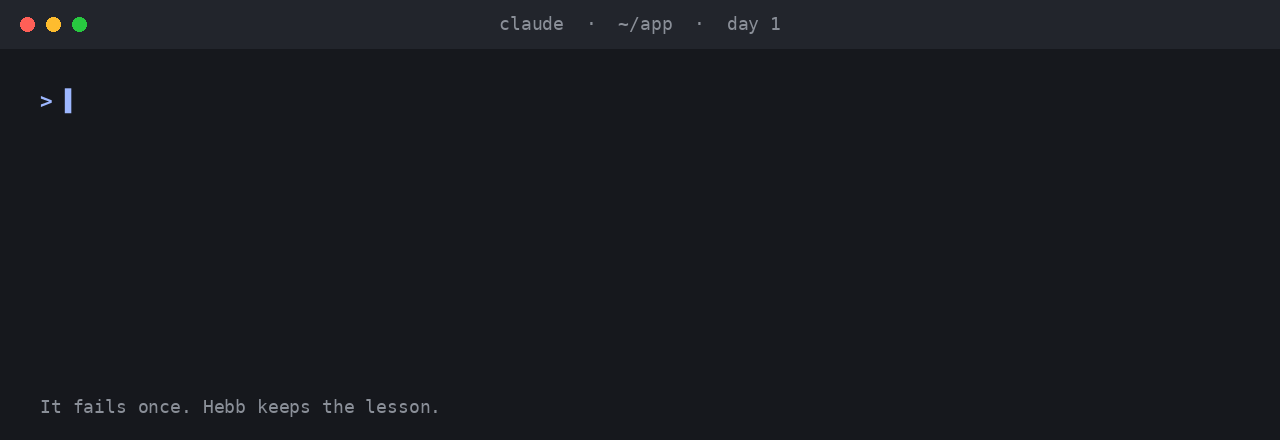 Day 1: Claude Code runs python, which this Mac doesn't have, and Hebb learns the fix. Next week, in a new session, Hebb stops python before it runs and Claude runs python3 instead.