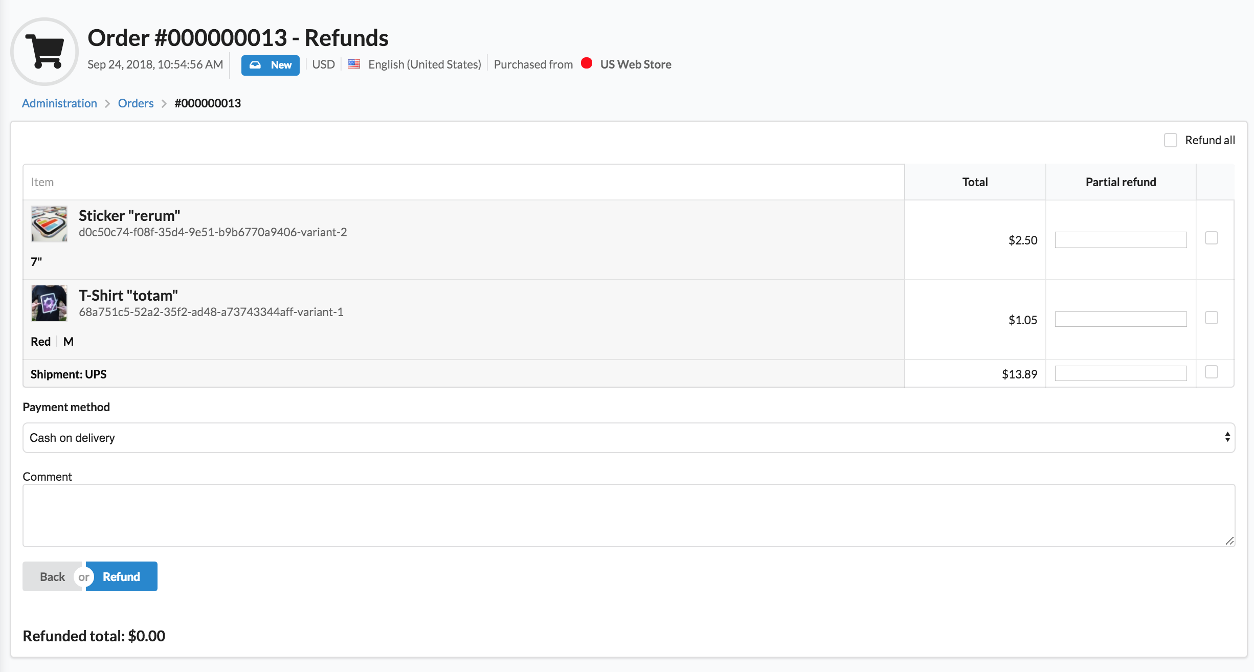 Screenshot showing order's refund section