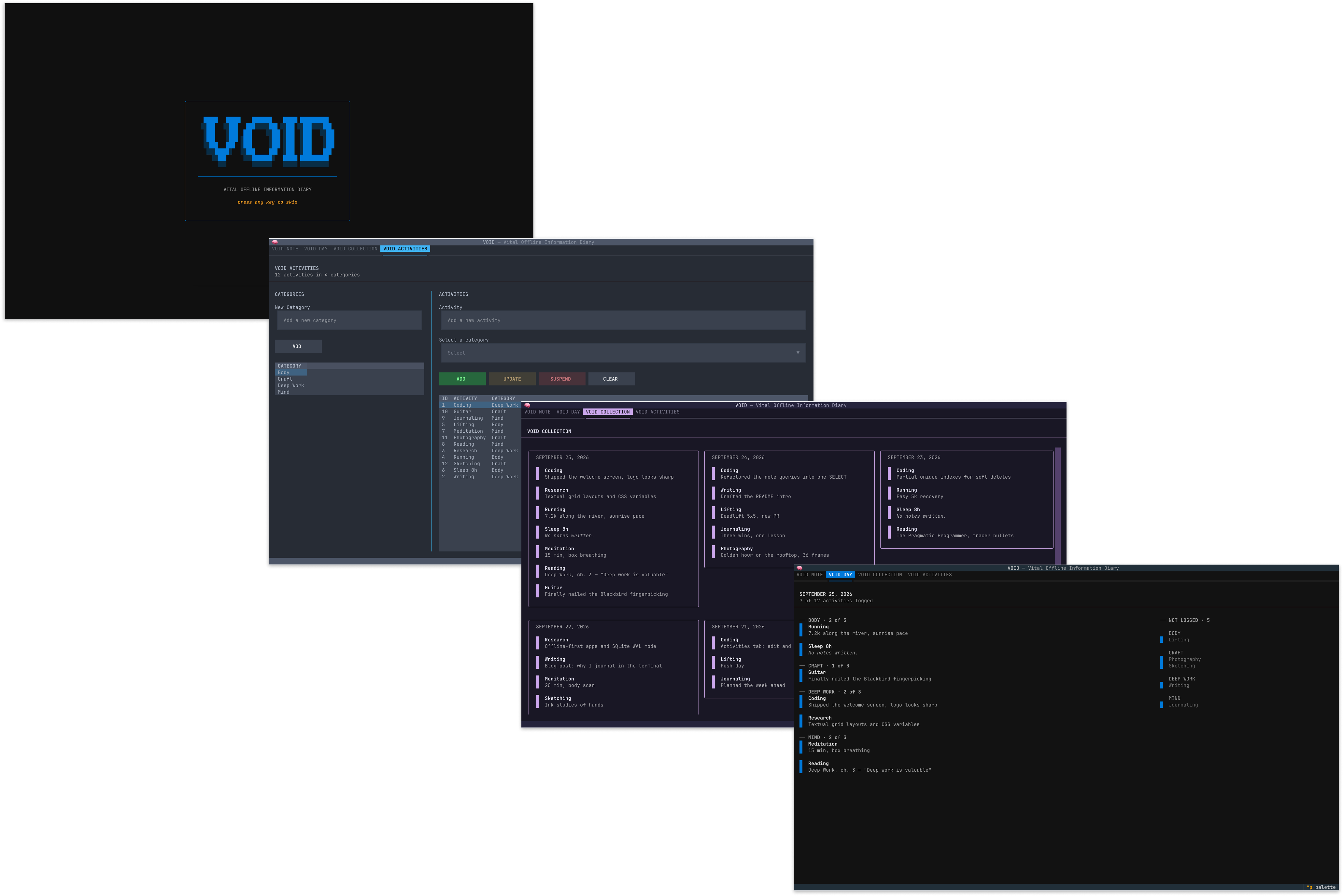 VOID:
|
|
47
|
+
![VOID: welcome screen, void activities, void collection, void day