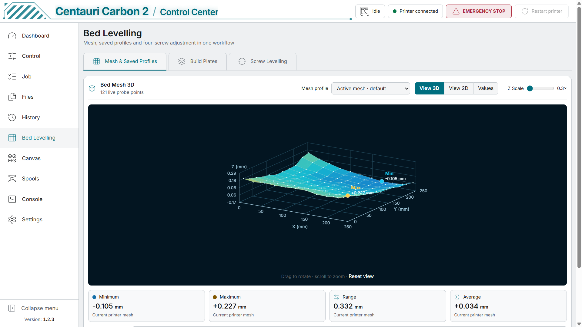 Interactive 3D bed mesh, saved profiles and height statistics