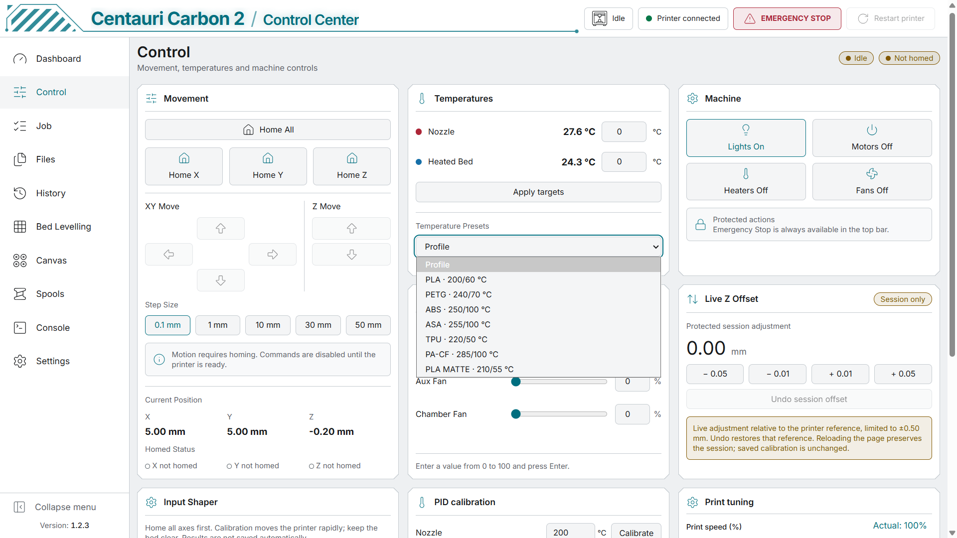 Control panel with PLA MATTE preset, fan inputs and live Z offset
