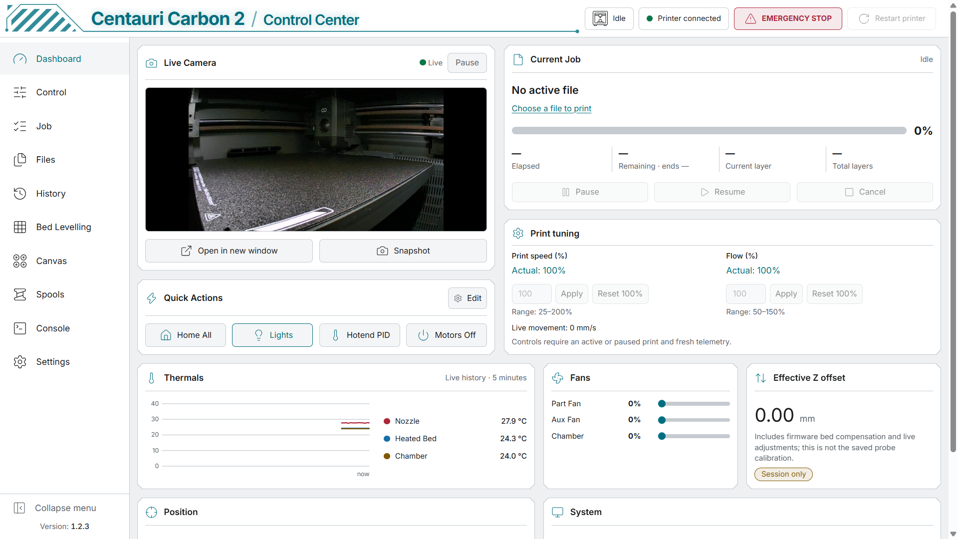 CC2 Control dashboard with live camera, printer controls and temperature monitoring