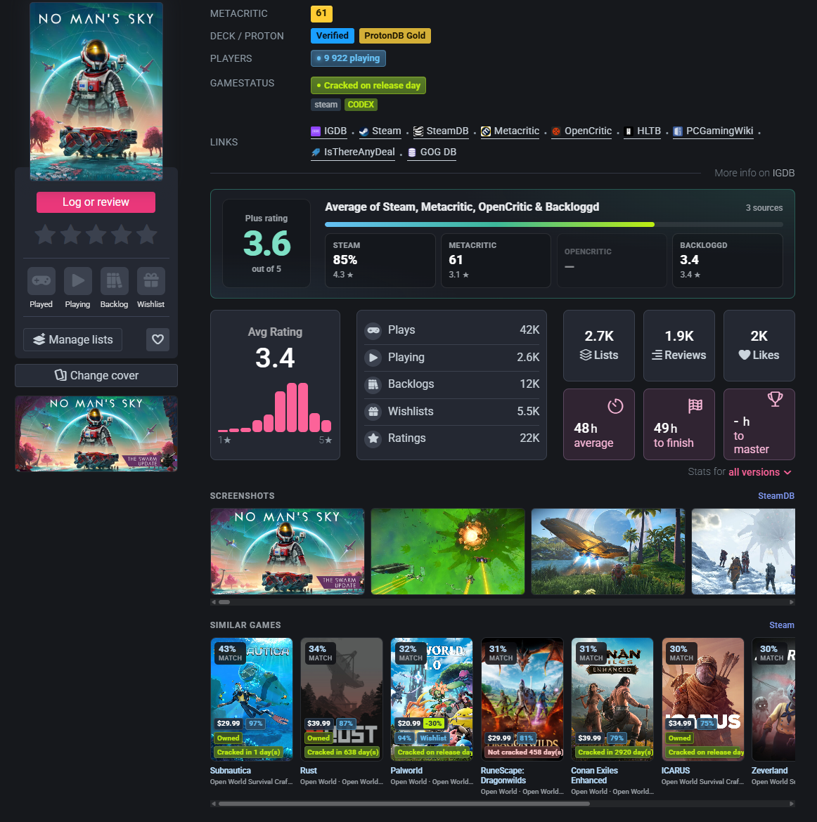 Game page — Plus rating, screenshots gallery, and similar games