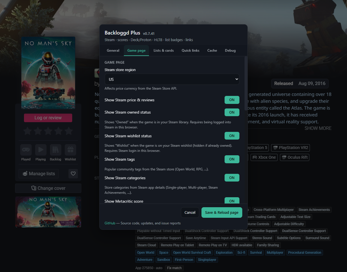Settings panel — Game page toggles