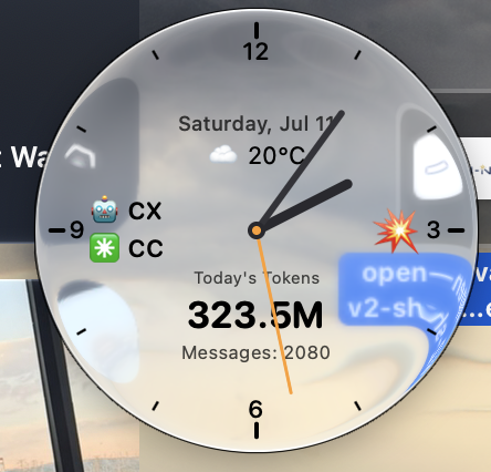 TokenClock native Liquid Glass clock showing local AI coding token usage