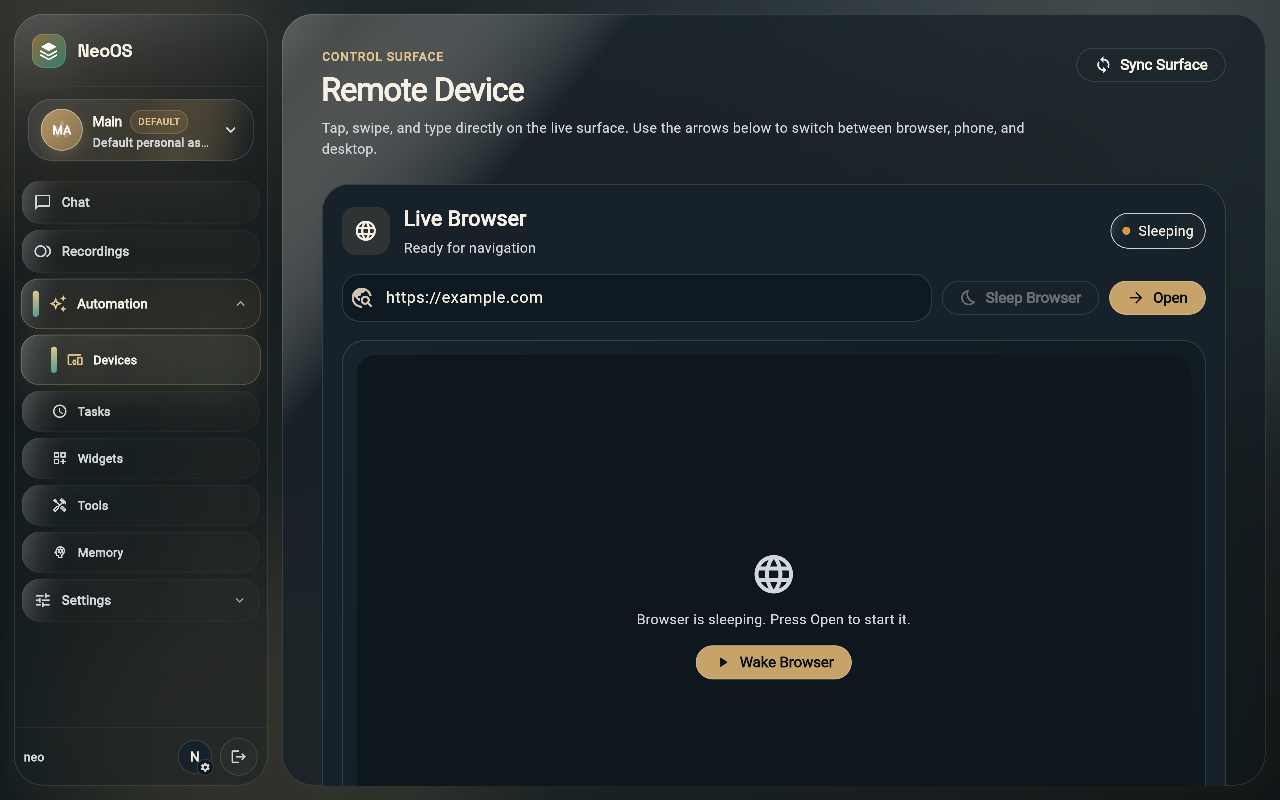 NeoAgent device controls
