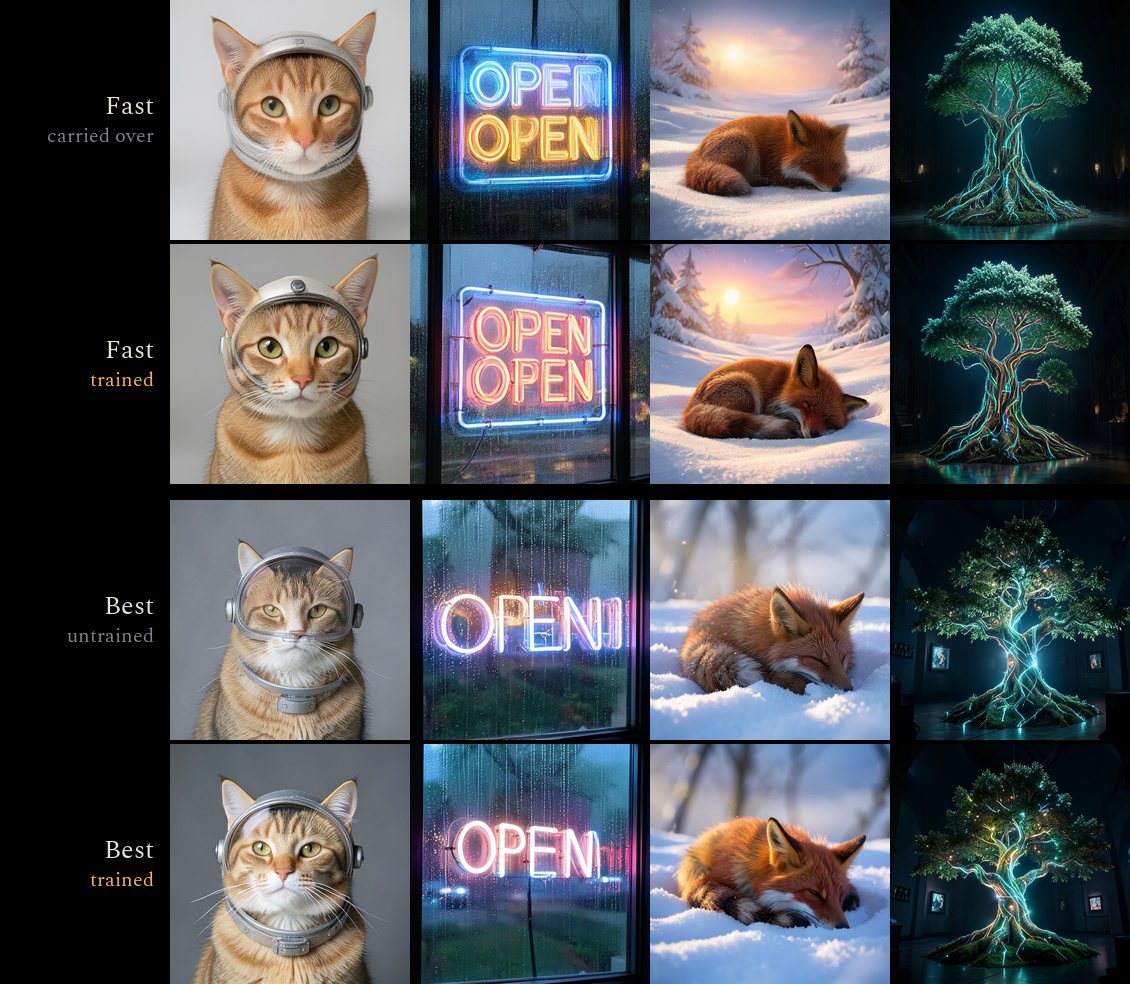 Before and after training, same prompts and seed