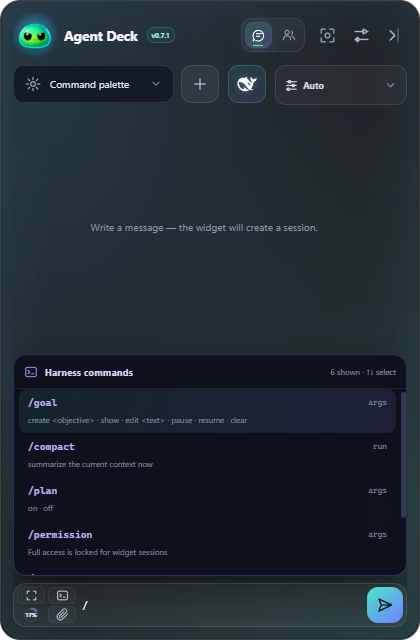 Compact Harness command palette above the input