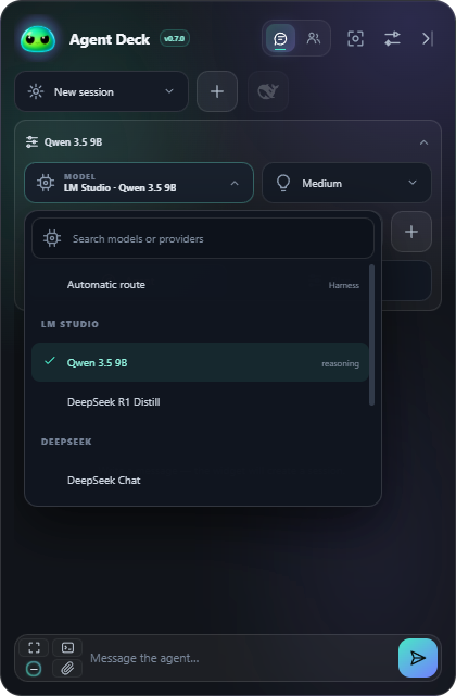 Searchable dark model picker with LM Studio first