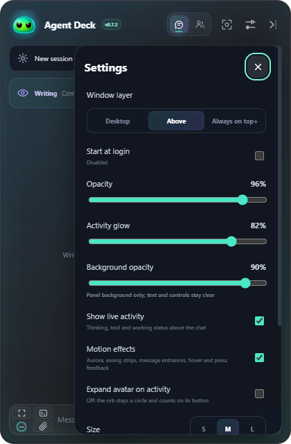 Window layer, independent window and background opacity, glow and size settings
