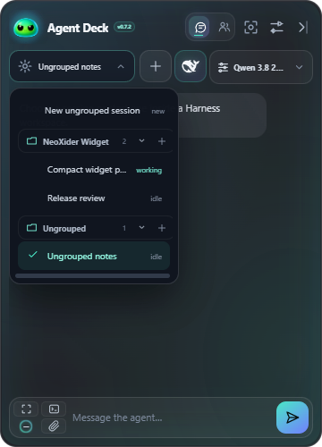 Chat session picker with collapsible Harness workspaces