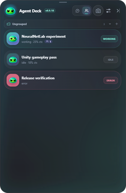 Agent Deck session board showing working, idle and failed sessions
