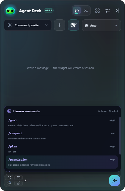 Compact Harness command palette above the input