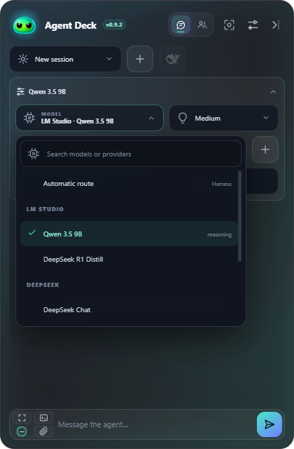 Searchable dark model picker with LM Studio first