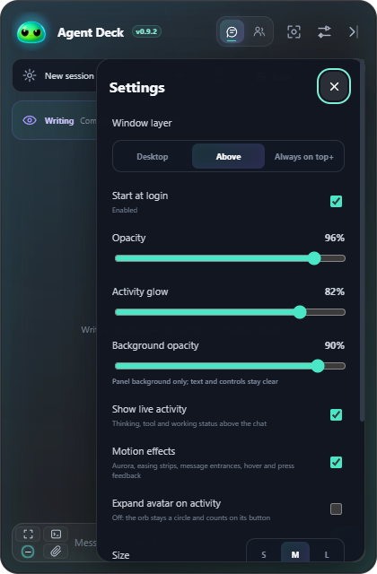 Window layer, independent window and background opacity, glow and size settings