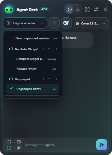 Chat session picker with collapsible Harness workspaces