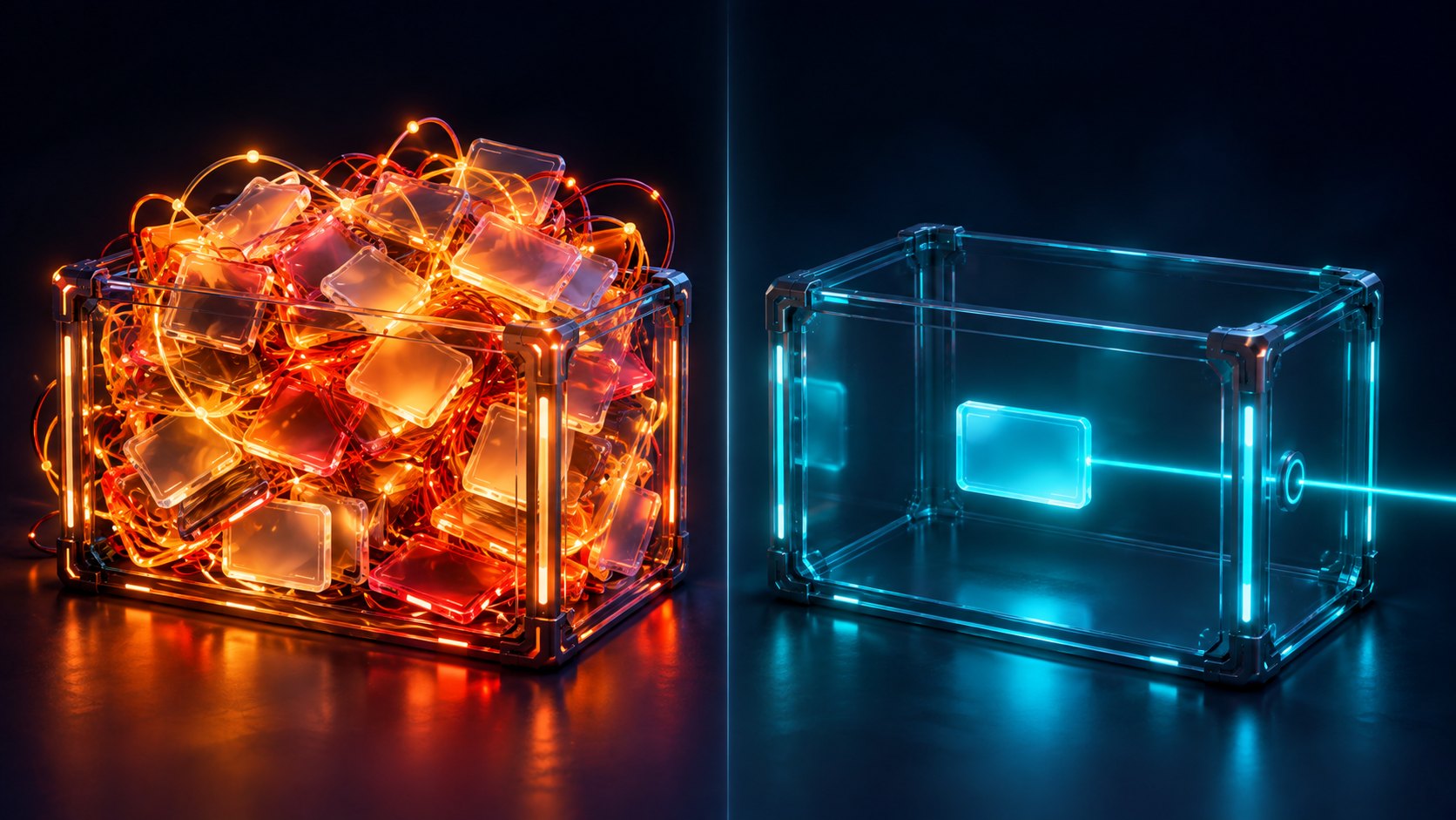Left: a glass container jammed with tangled glowing tool cards. Right: the same container almost empty with a single clean card