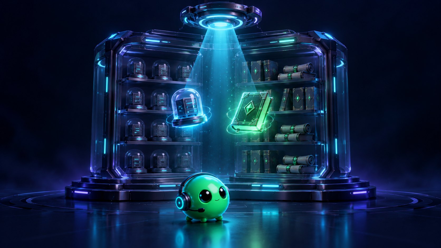 A glass vault with plug-like server capsules on the left shelves and glowing books on the right; a search beam picks one of each