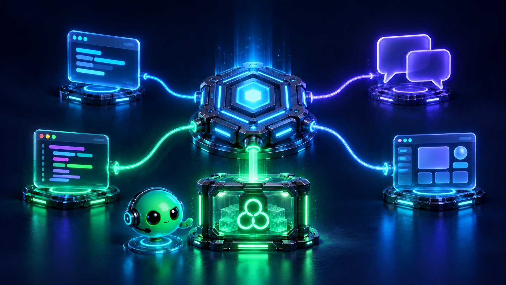 A glowing hub connected by thin cables to a terminal, a chat window, a code editor and a desktop app, all drawing from one shared vault