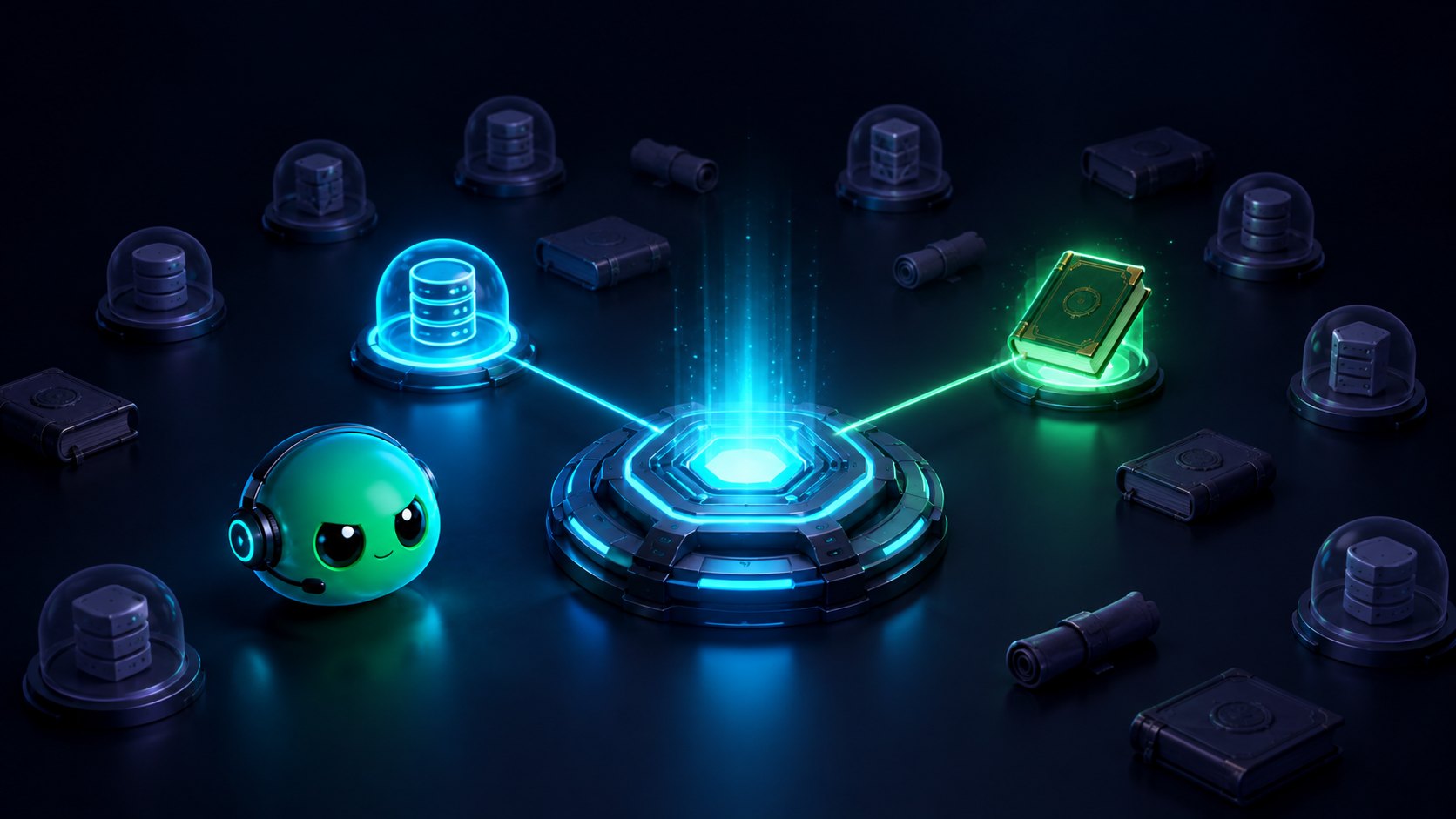 A glowing hub in the middle of many dormant tool capsules and skill books; one capsule and one book are awake and connected by single beams