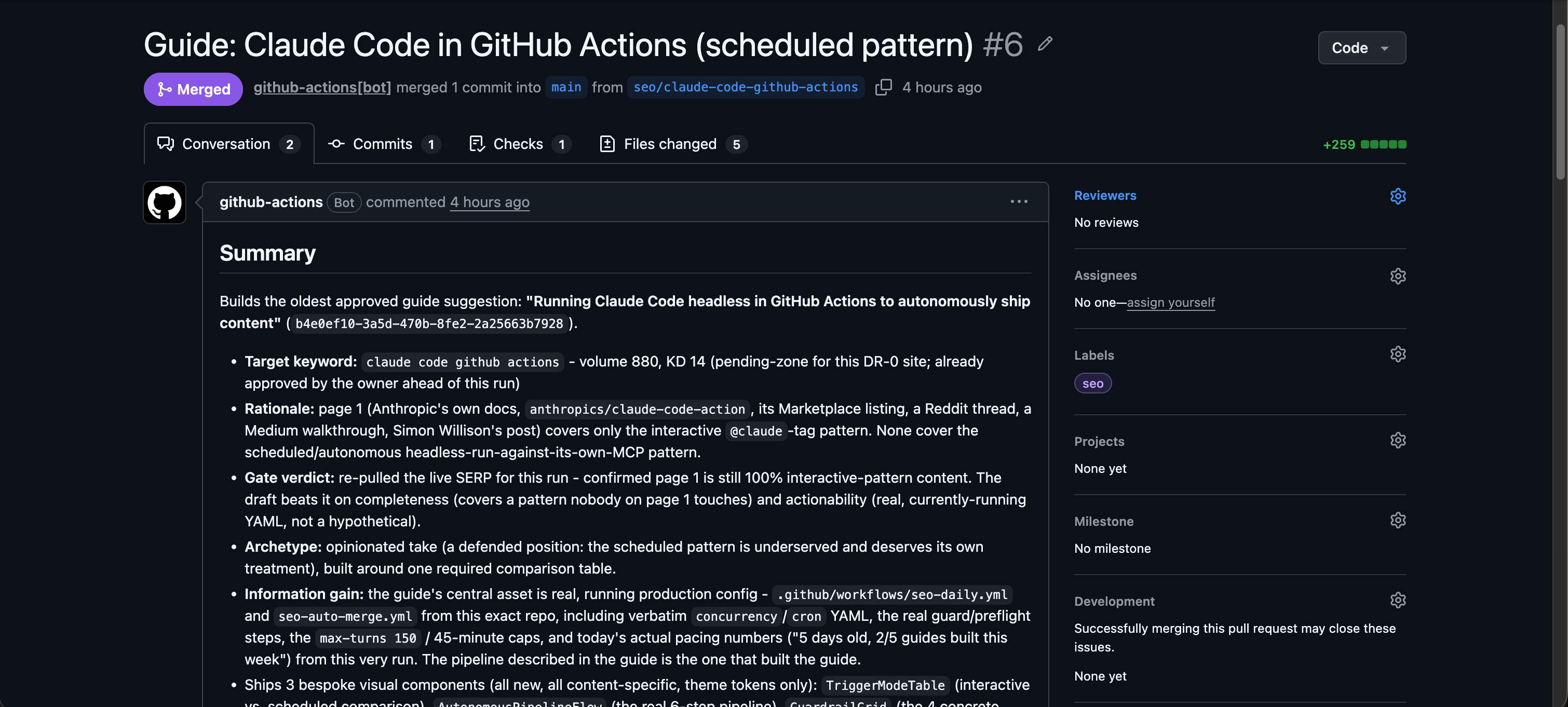 A pull request the pipeline built: target keyword, SERP gate verdict, archetype, and information-gain asset, all named in the description
