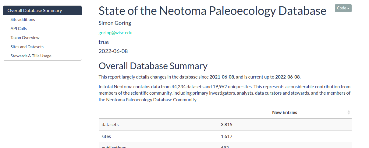 The rendered Neotoma Stats document.
