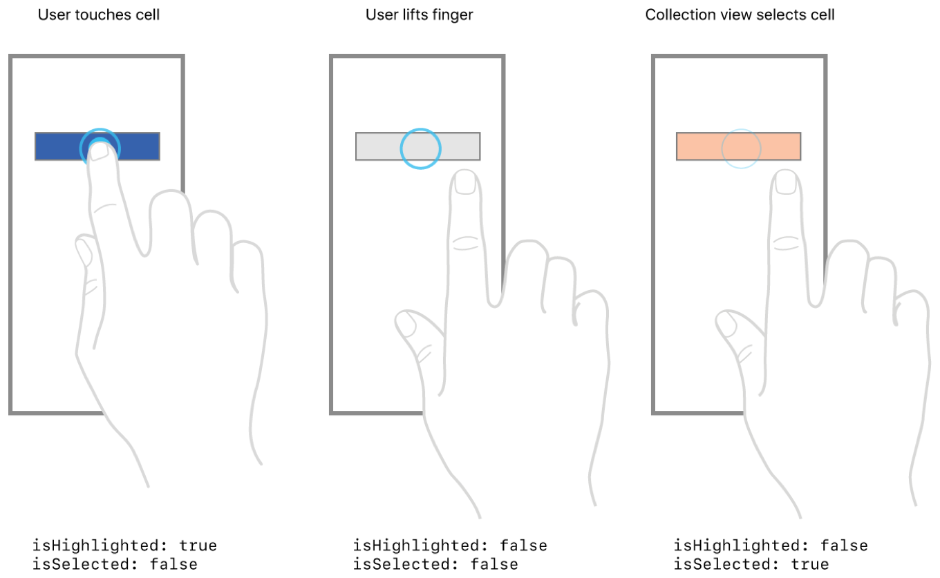 A diagram depicting the steps that occur when tapping an unselected cell. The first image shows the user’s right index finger touching a dark, shaded rectangle representing a collection view cell on a phone screen. Below the image are current property values of the cell, listed as isHighlighted: true and isSelected: false. The second image depicts the user lifting their finger and moving their hand to the right of the rectangle, now shown shaded in a lighter color, on the phone screen. Below, the listed properties isHighlighted and isSelected are both false. The third image depicts the user’s hand in the lifted position above the rectangle on the phone screen, with the collection view presenting the rectangle in a third and different shade. Below, the property isHighlighted is false and isSelected is true.